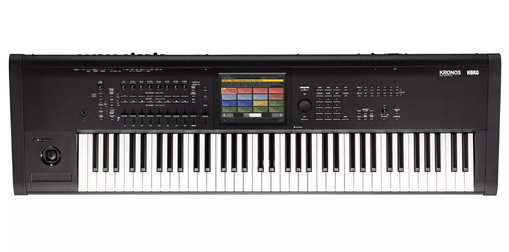 Black keyboard synthesizer workstation with 73 keys, multiple control knobs, faders, buttons, a joystick, and a color display screen.