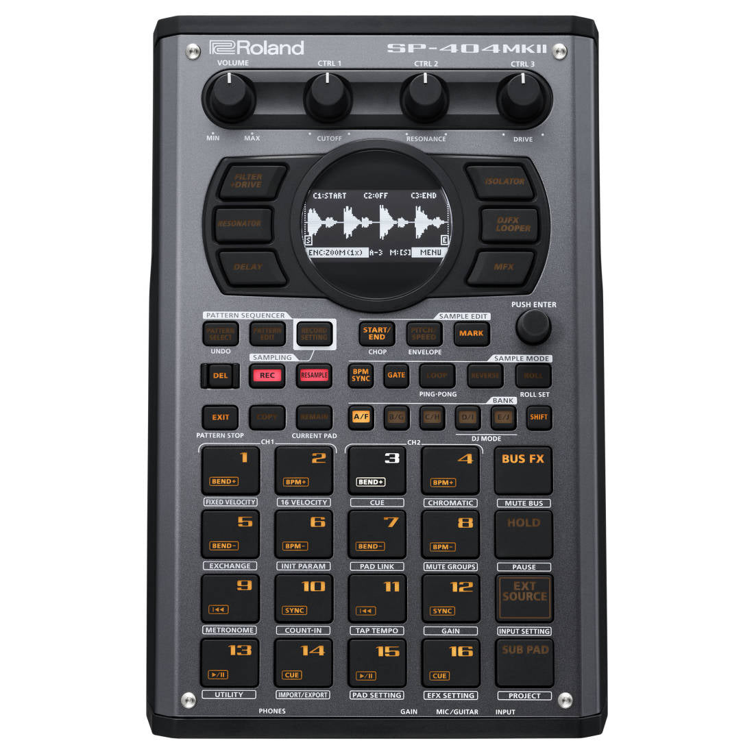 Roland SP-404MKII sampler and effector with multiple pads, knobs, buttons, and a waveform display screen