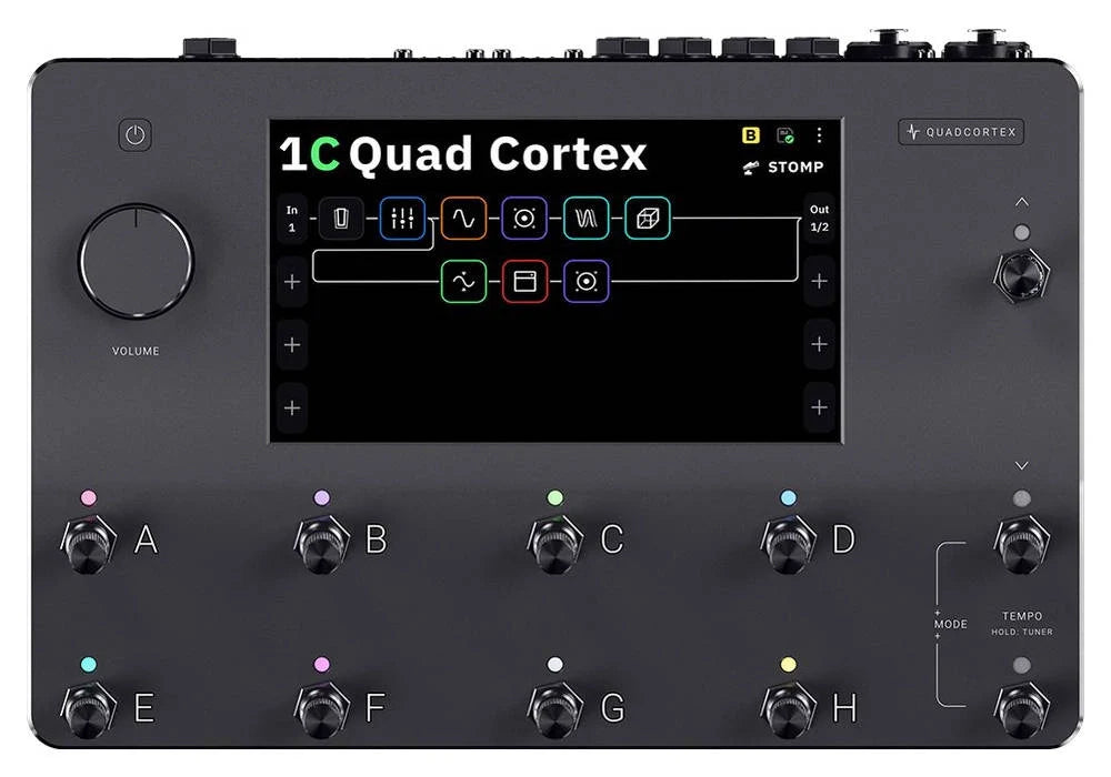 Black effects processor with touchscreen, eight footswitches, and multiple control knobs and buttons on top surface.