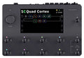 Black effects processor with touchscreen, eight footswitches, and multiple control knobs and buttons on top surface.