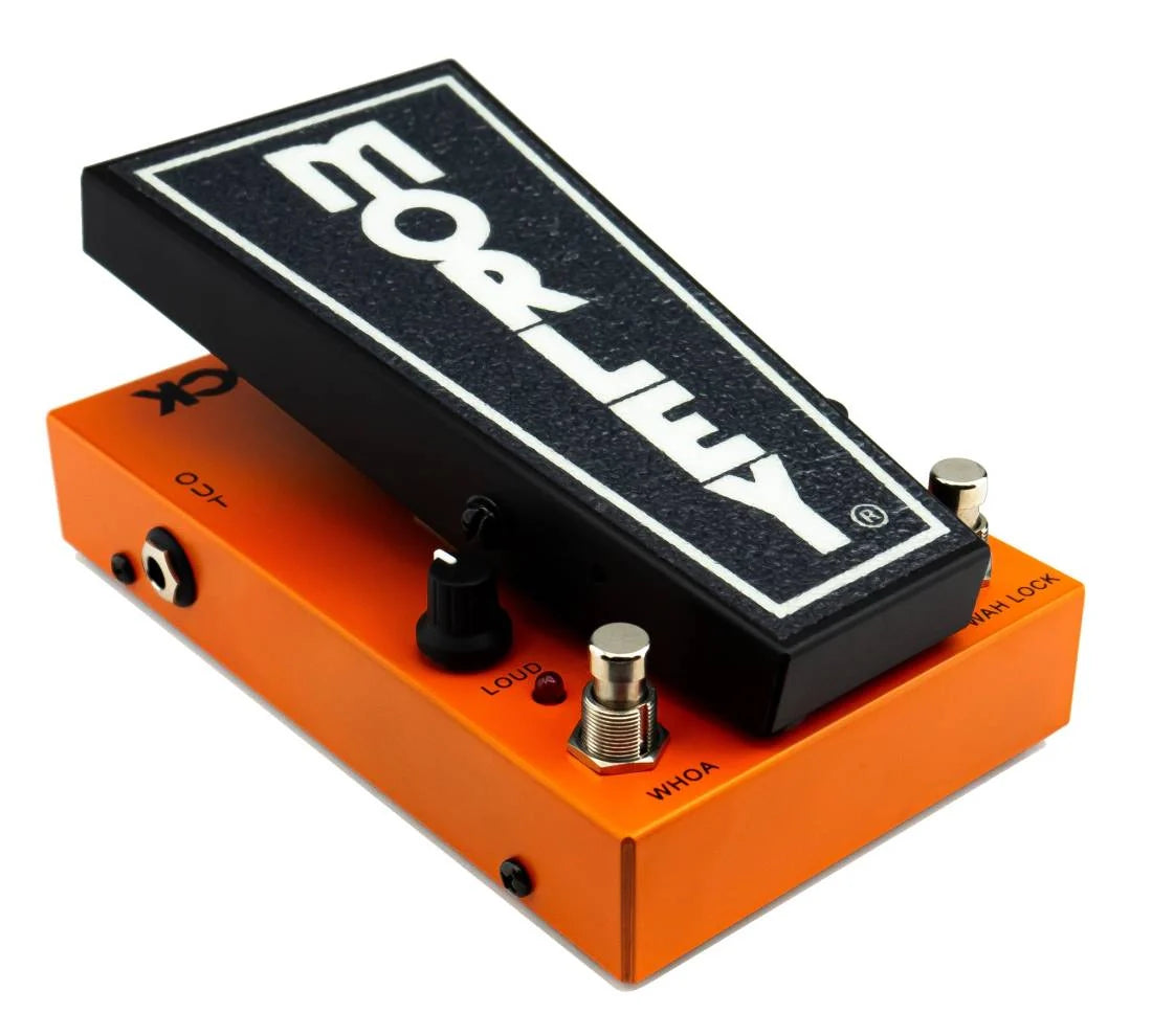 Orange and black guitar effects pedal with a foot pedal, knob, footswitch, and 1/4 inch input jack.