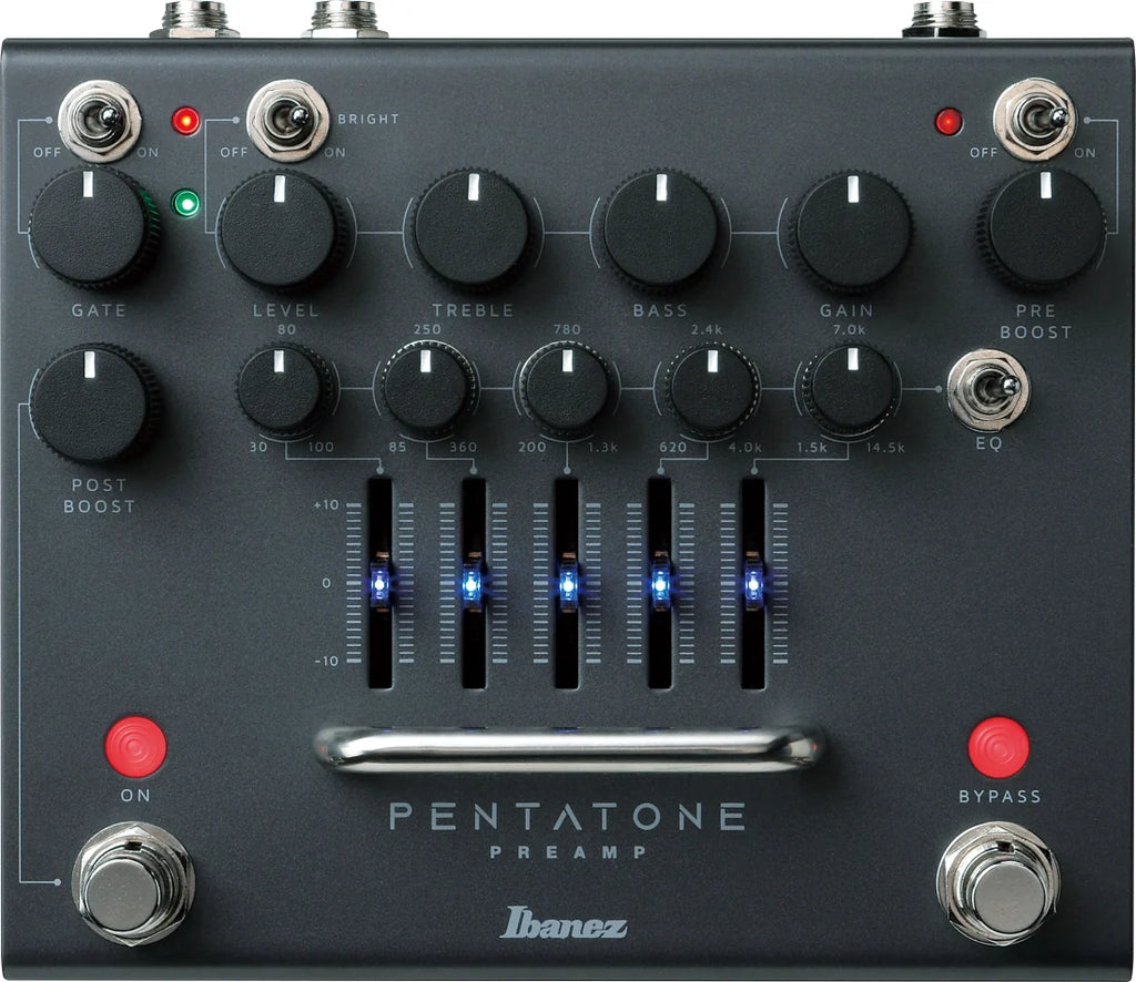 Black Pentatone Preamp pedal with multiple knobs, toggle switches, fader sliders, and footswitch buttons.