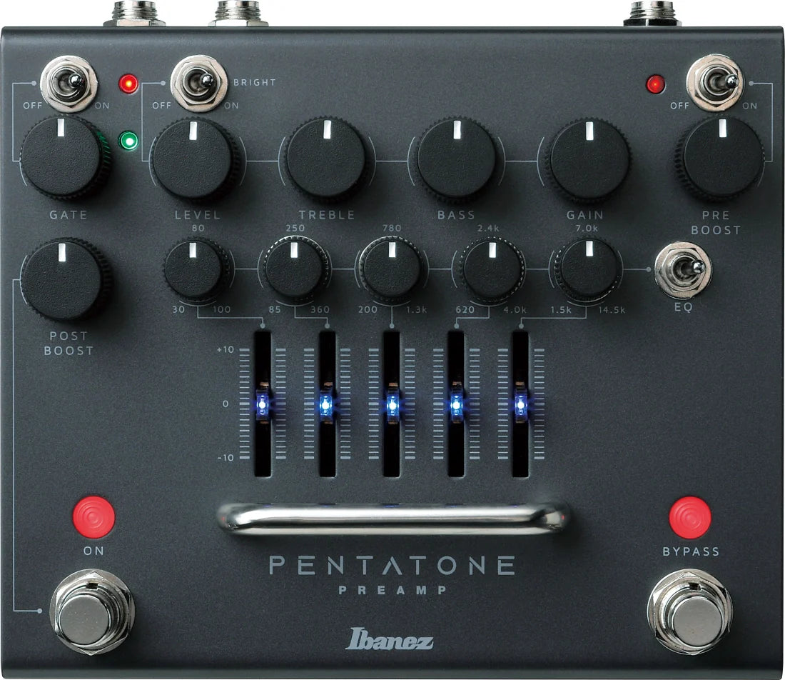 Black Pentatone Preamp pedal with multiple knobs, toggle switches, fader sliders, and footswitch buttons.