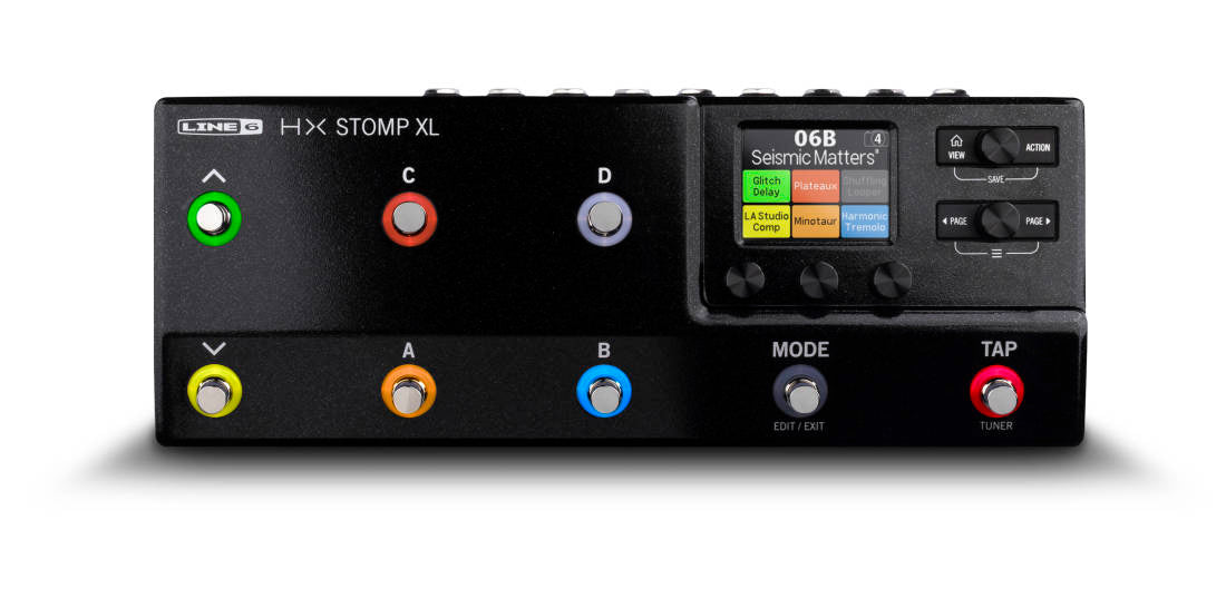 Black multi-effect pedal with multiple colored footswitches, display screen, and control knobs on top surface.