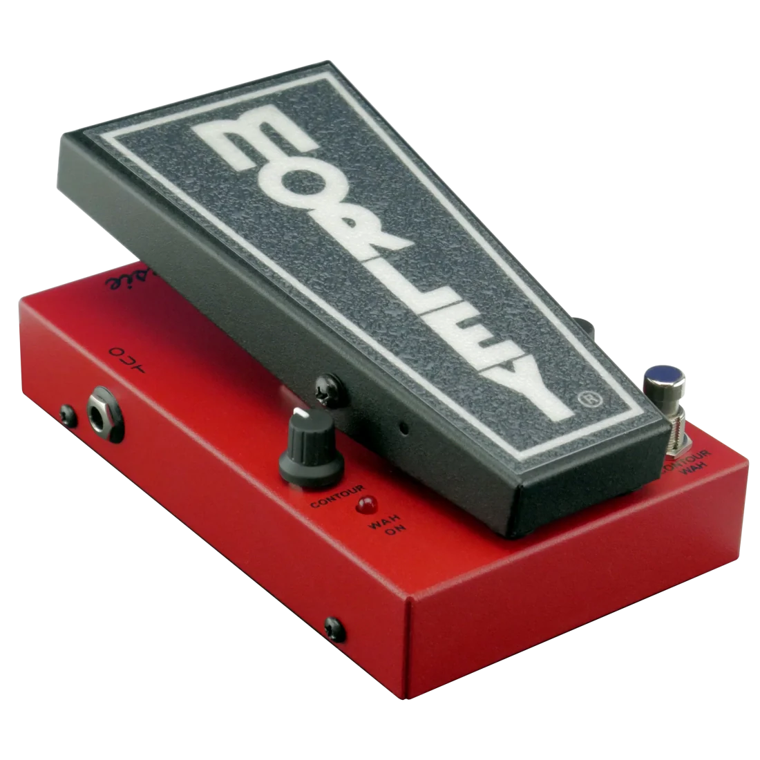 Red and black Morley guitar wah pedal with contour knob and foot pedal marked Morley.