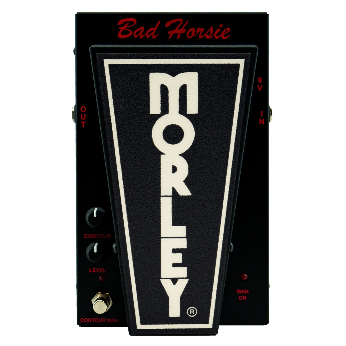Black Morley pedal with large logo, contour and level knobs, footswitch, and input/output jacks.