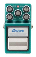 Teal Ibanez bass overdrive pedal with five control knobs and a footswitch.