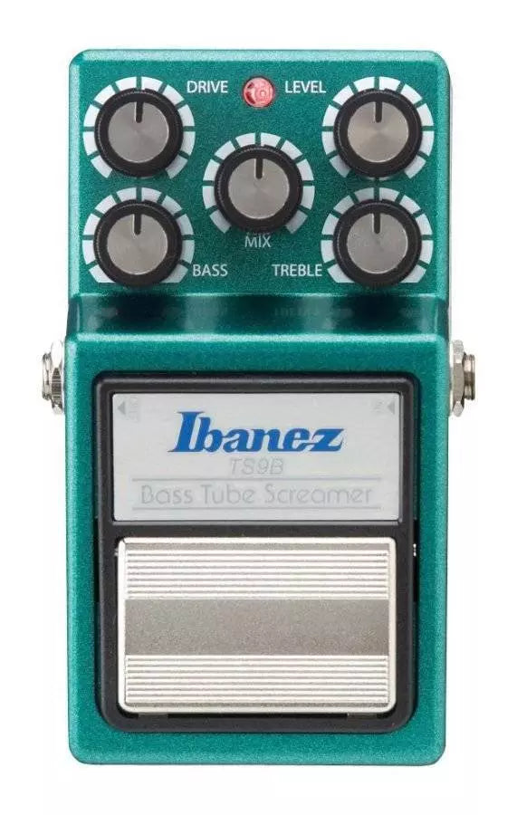 Teal Ibanez bass overdrive pedal with five control knobs and a footswitch.
