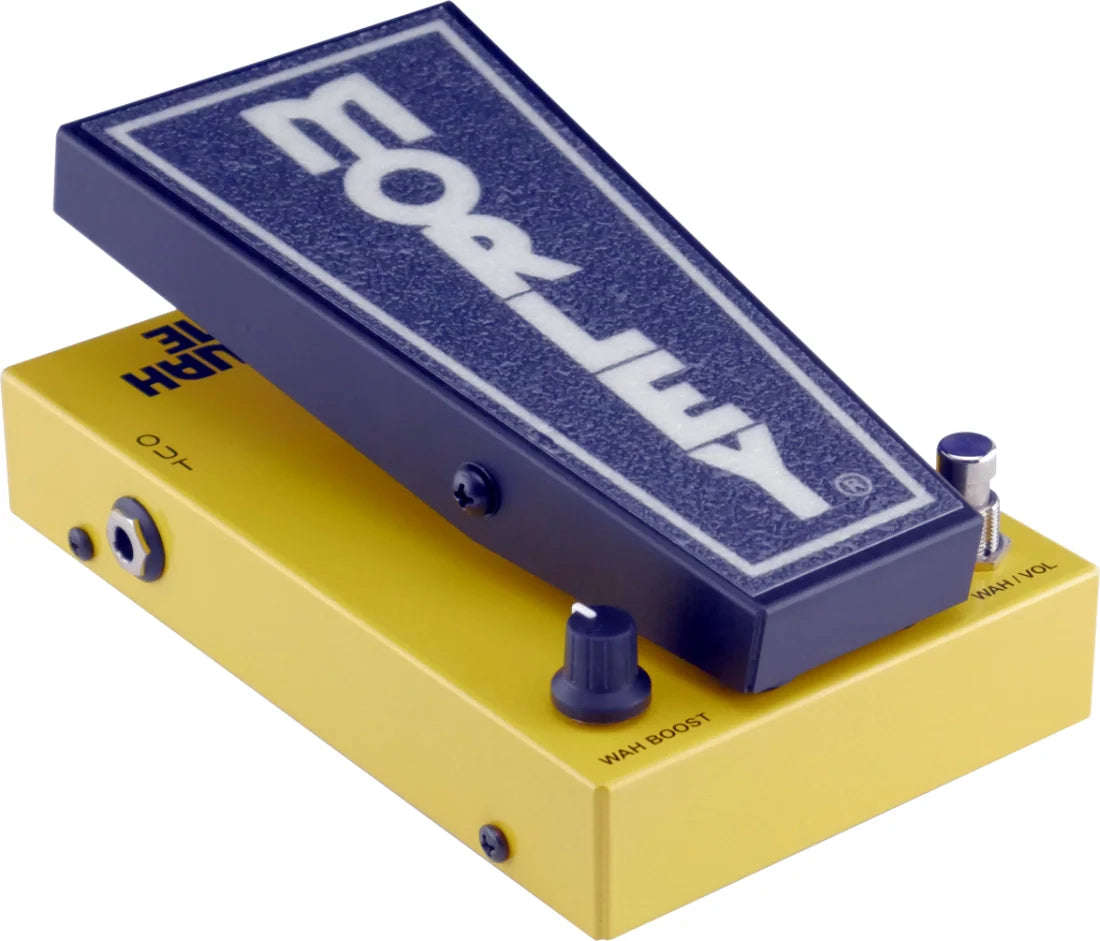 Yellow and black Morley expression pedal with rotary knob, toggle switch, and 1/4 inch audio jack.