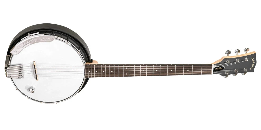 Full-length image of a six-string banjitar with a composite body and electric pickup, showing tuning pegs and control knob.