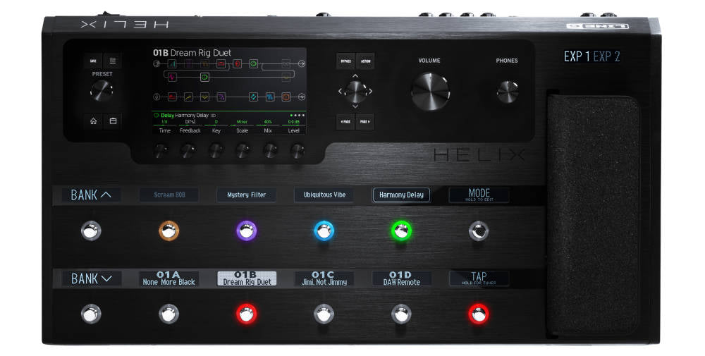 Top view of a black multi-effect guitar pedal with screen, knobs, buttons, and an expression pedal.