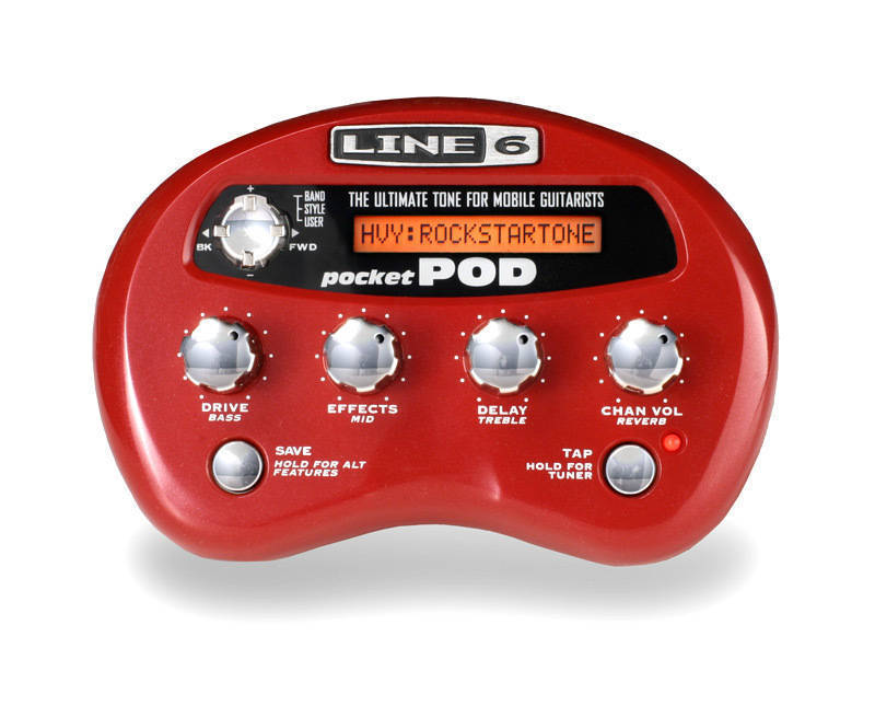 Red Line 6 Pocket POD guitar effects unit with knobs and display showing H/V: ROCKSTARTONE.