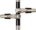 Two silver cylindrical microphones with black clips mounted in a crossed arrangement on a black metal rod