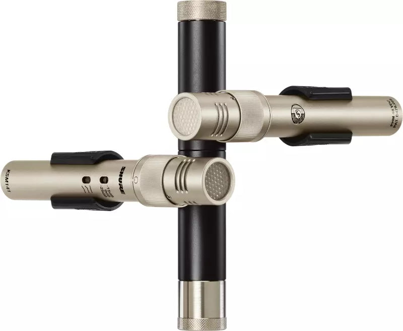 Two silver cylindrical microphones with black clips mounted in a crossed arrangement on a black metal rod