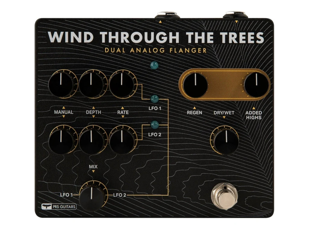 Black rectangular PRS Guitars dual analog flanger pedal with multiple knobs and one footswitch.