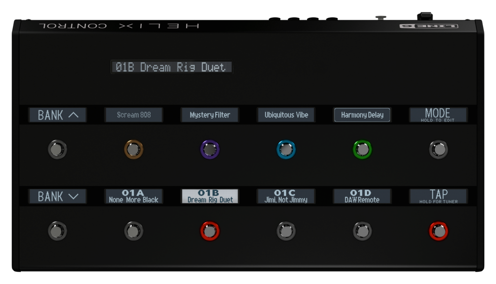 Black guitar effects controller with multiple rotary knobs, footswitch buttons, and small display screens showing preset names.