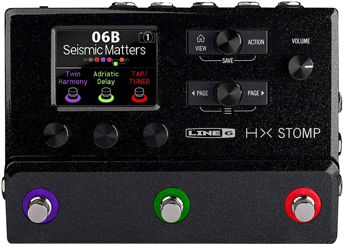 Black multi-effects pedal with screen, three footswitches, knobs, and buttons labeled HX Stomp by Line 6.