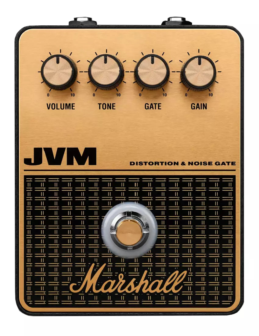 Gold and black Marshall JVM distortion and noise gate guitar pedal with four control knobs and one footswitch.