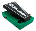 Green and black volume pedal with a foot pedal, control knob, toggle switch, and audio jack input.