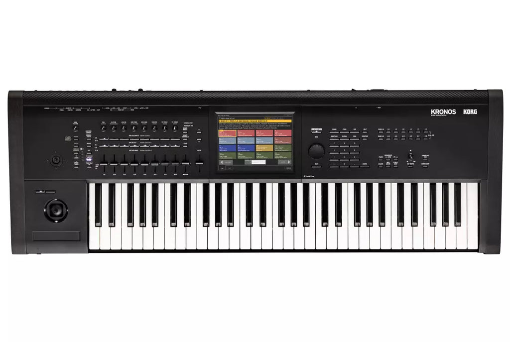 Black 61-key keyboard synthesizer with a color touchscreen, multiple faders, buttons, and rotary knobs on the control panel.