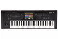 Black 61-key keyboard synthesizer with a color touchscreen, multiple faders, buttons, and rotary knobs on the control panel.