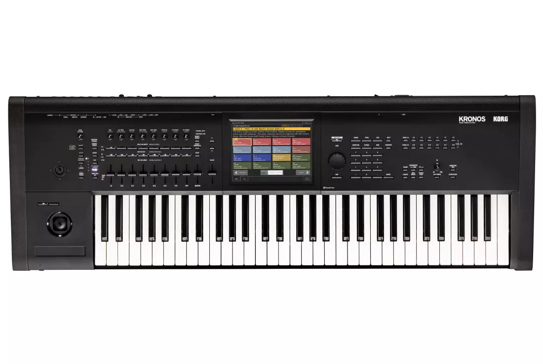 Black 61-key keyboard synthesizer with a color touchscreen, multiple faders, buttons, and rotary knobs on the control panel.