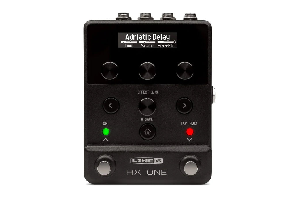 Black rectangular multi-effects pedal with LCD screen, multiple knobs, buttons, and two footswitches labeled 'ON' and 'TAP | FLUX'.