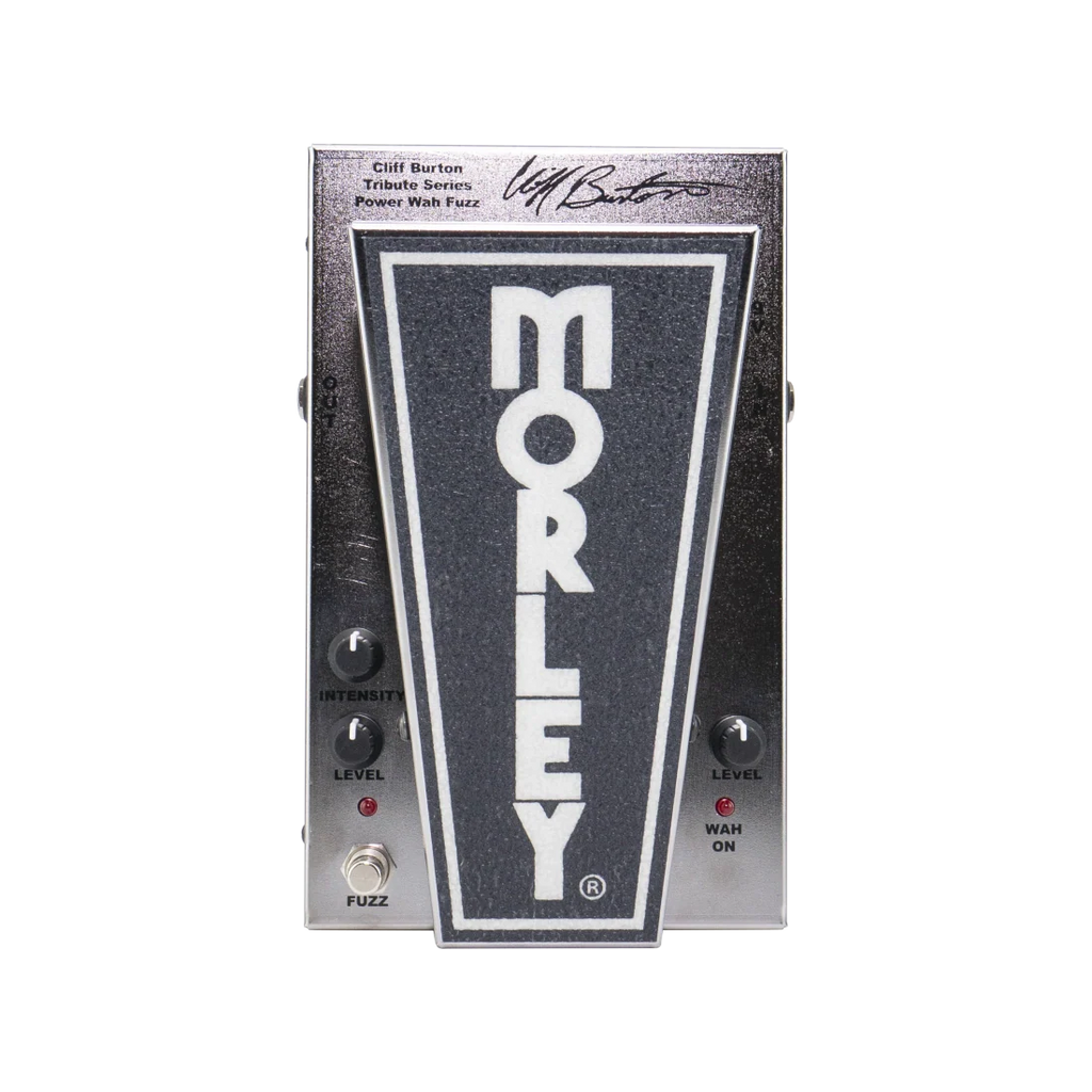 Silver and black Morley pedal with signature and controls labeled Intensity, Level, Fuzz, and Wah On.