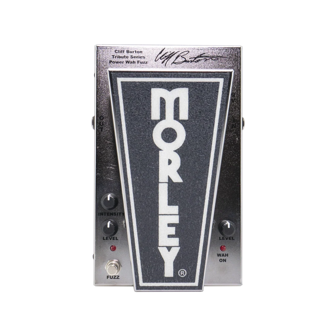 Silver and black Morley pedal with signature and controls labeled Intensity, Level, Fuzz, and Wah On.