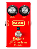 Red guitar effects pedal with two knobs, foot switch, and yellow MXR branding on front.