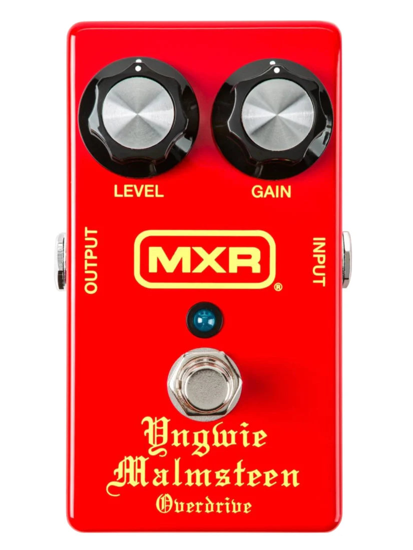 Red guitar effects pedal with two knobs, foot switch, and yellow MXR branding on front.