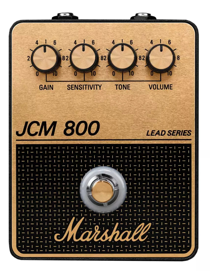 Gold and black Marshall JCM 800 pedal with four control knobs and one footswitch.