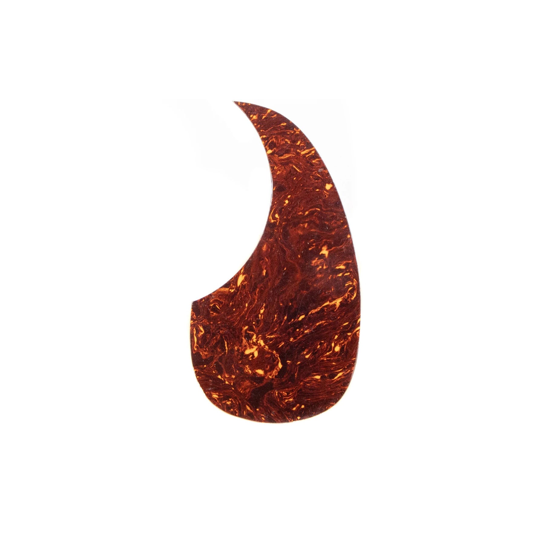 A brown and orange faux tortoise shell patterned pickguard with a teardrop shape on a white background.