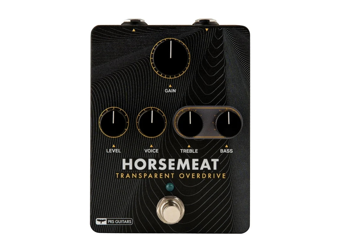 Black PRS Horsemeat Transparent Overdrive guitar pedal with five control knobs and a footswitch.