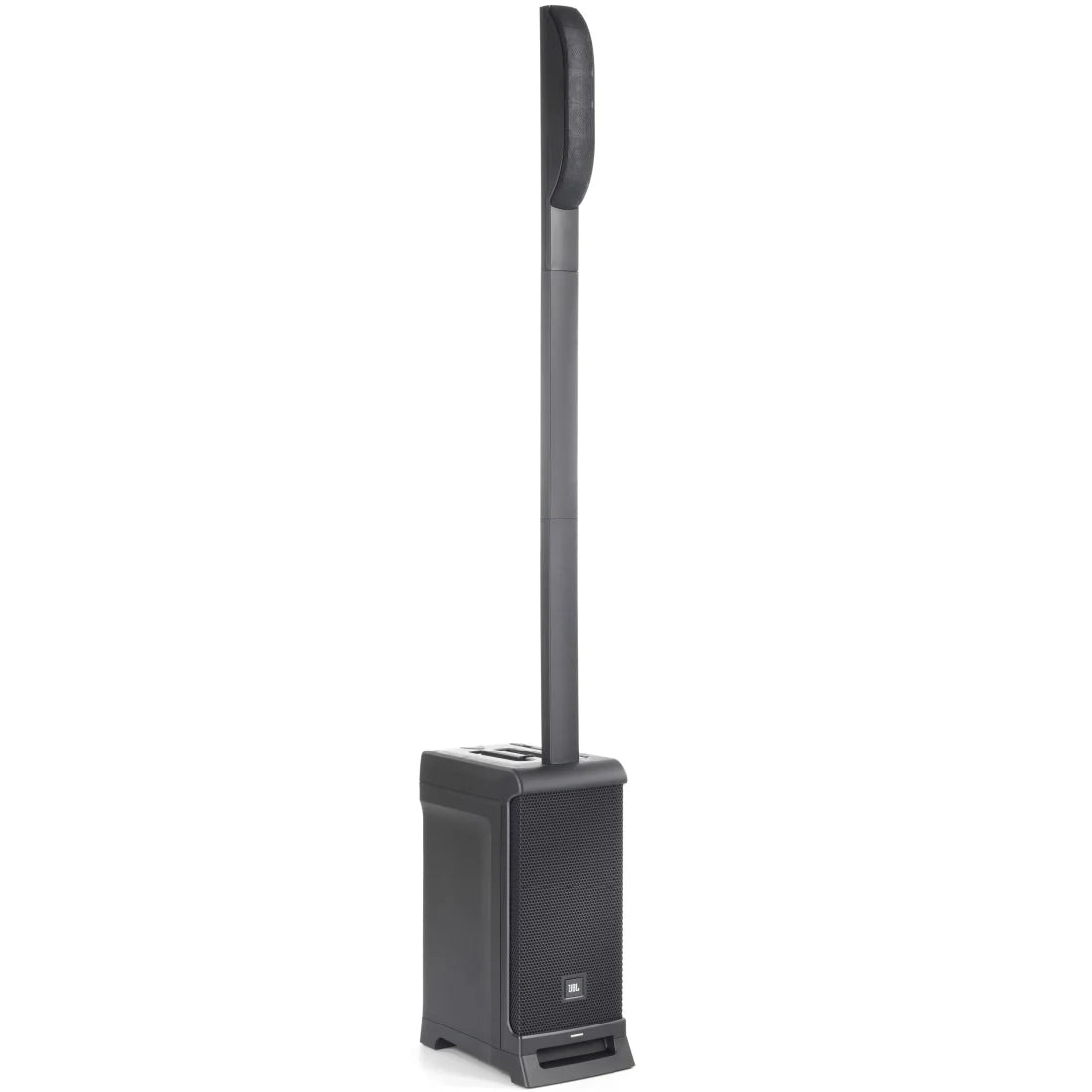 Tall black column speaker with a rectangular base and a JBL logo on the front grille.