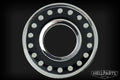 Circular metal washer with black and silver finish and dots around the inner ring on black background