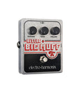 Silver guitar effects pedal with three knobs, one footswitch, and red and black text labeled Little Big Muff by electro-harmonix.