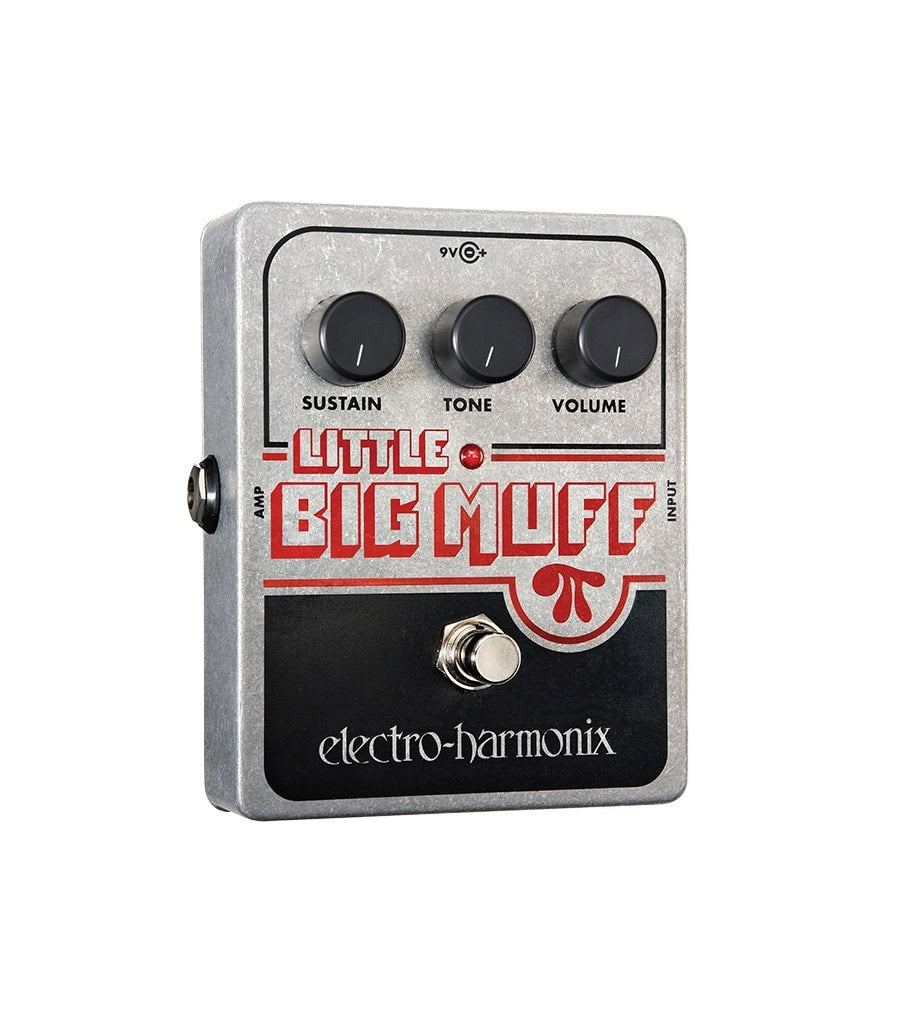 Silver guitar effects pedal with three knobs, one footswitch, and red and black text labeled Little Big Muff by electro-harmonix.