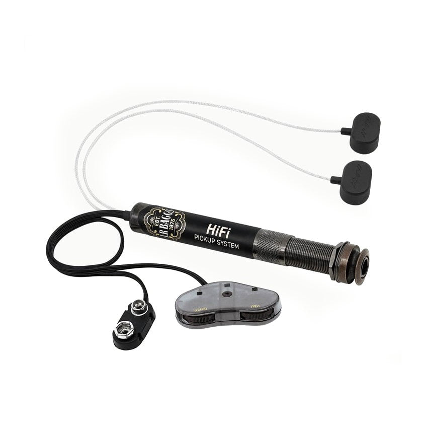 Black LR Baggs HiFi pickup system with attached sensors, control unit with two knobs, jack, and 9V battery clip.