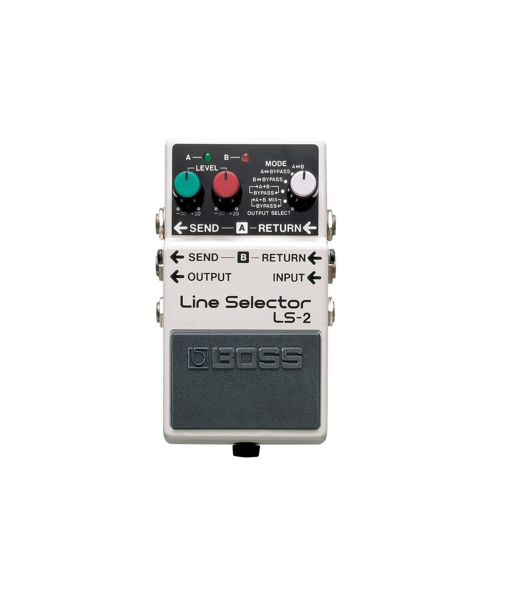 Top view of a BOSS Line Selector LS-2 effects pedal with knobs and multiple input/output jacks visible.
