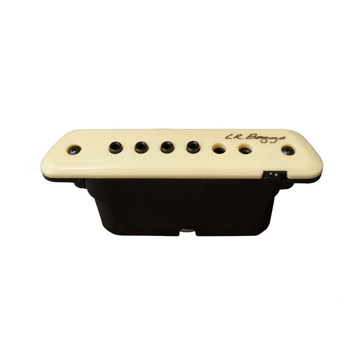 Cream and black acoustic guitar pickup with six pole pieces and a small dial on the side.