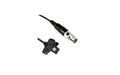 Black lapel microphone with clip and attached female 3-pin XLR connector on cable.