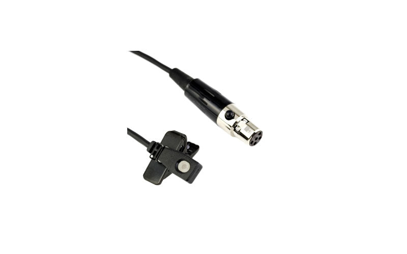 Black lapel microphone with clip and attached female 3-pin XLR connector on cable.