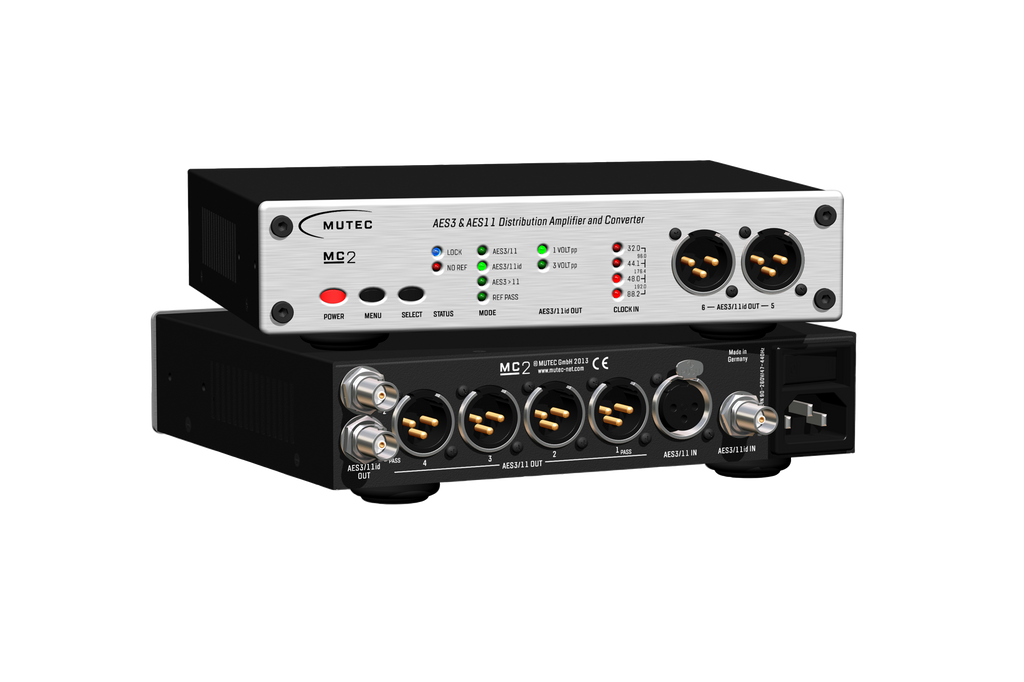 Black and silver audio converter device with multiple XLR and BNC connectors and control buttons on front panel.