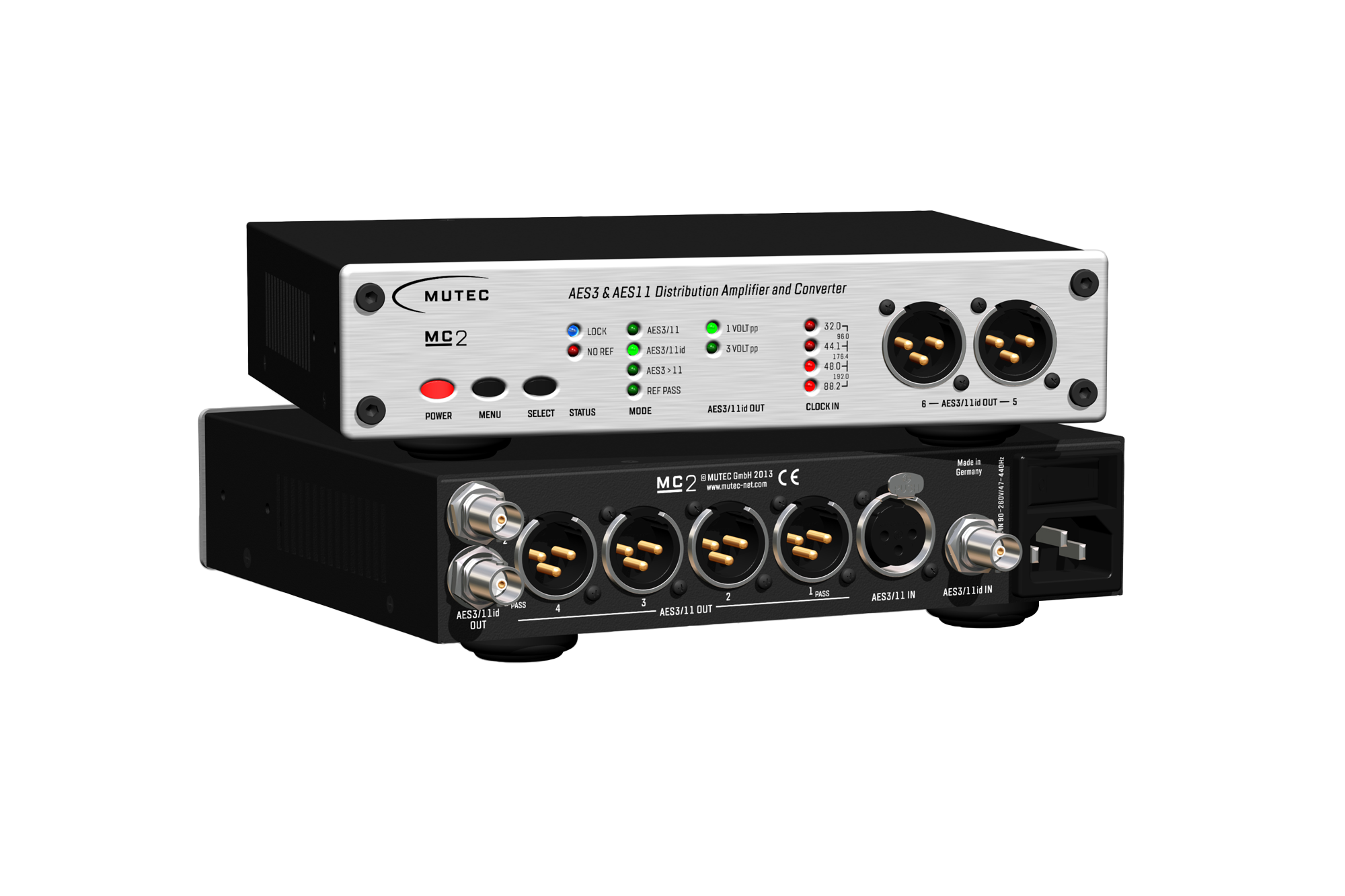 Black and silver audio converter device with multiple XLR and BNC connectors and control buttons on front panel.