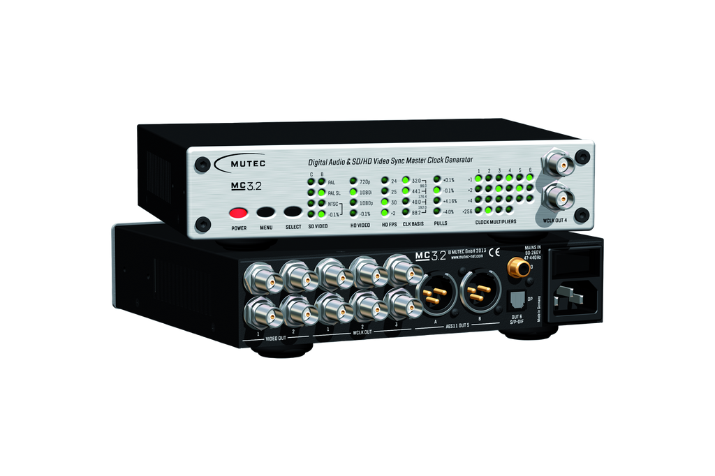 Front and rear views of a Mutec MC 3.2 digital audio and video sync master clock generator with multiple BNC, XLR, and RCA connectors.