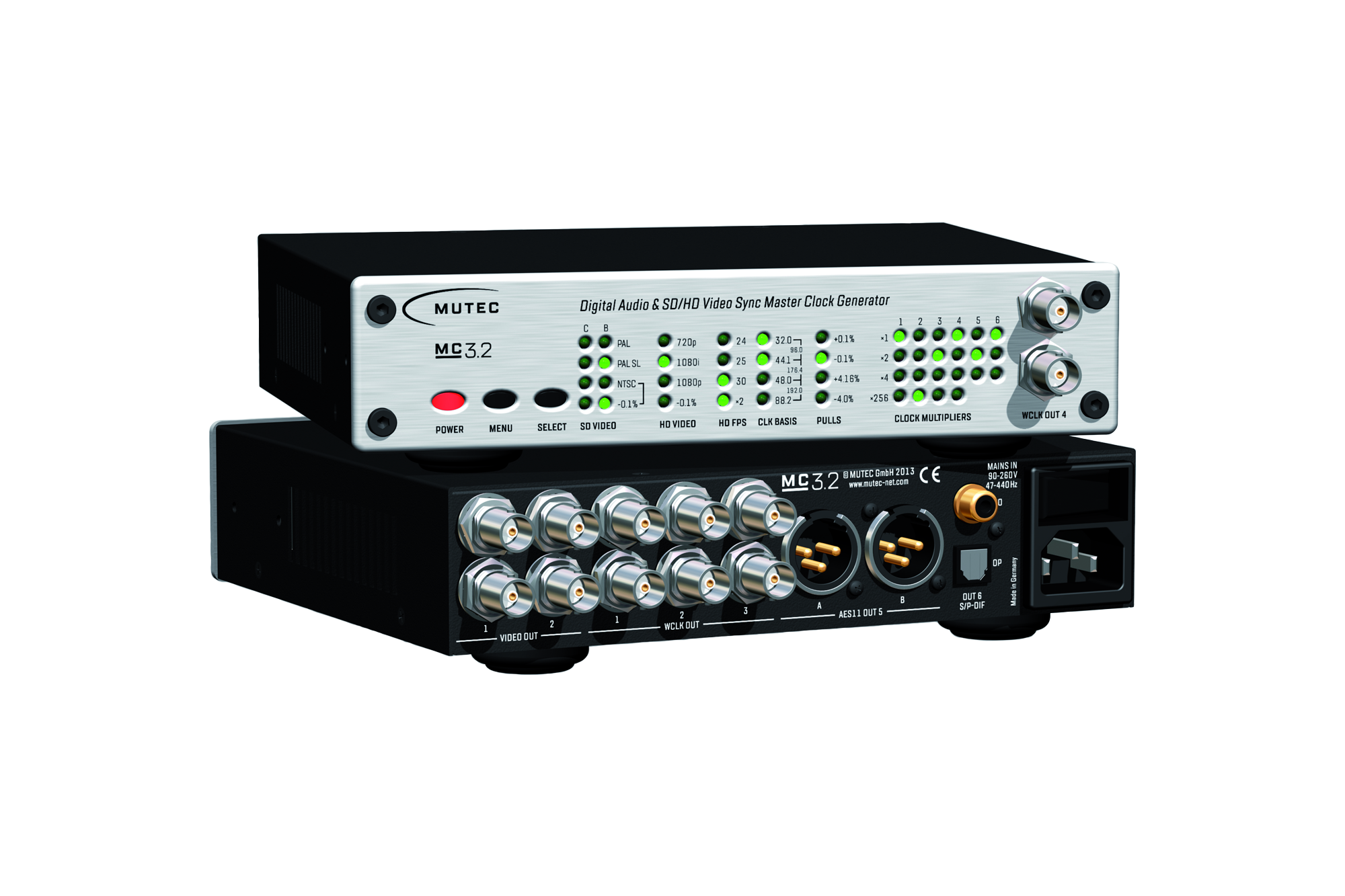 Front and rear views of a Mutec MC 3.2 digital audio and video sync master clock generator with multiple BNC, XLR, and RCA connectors.
