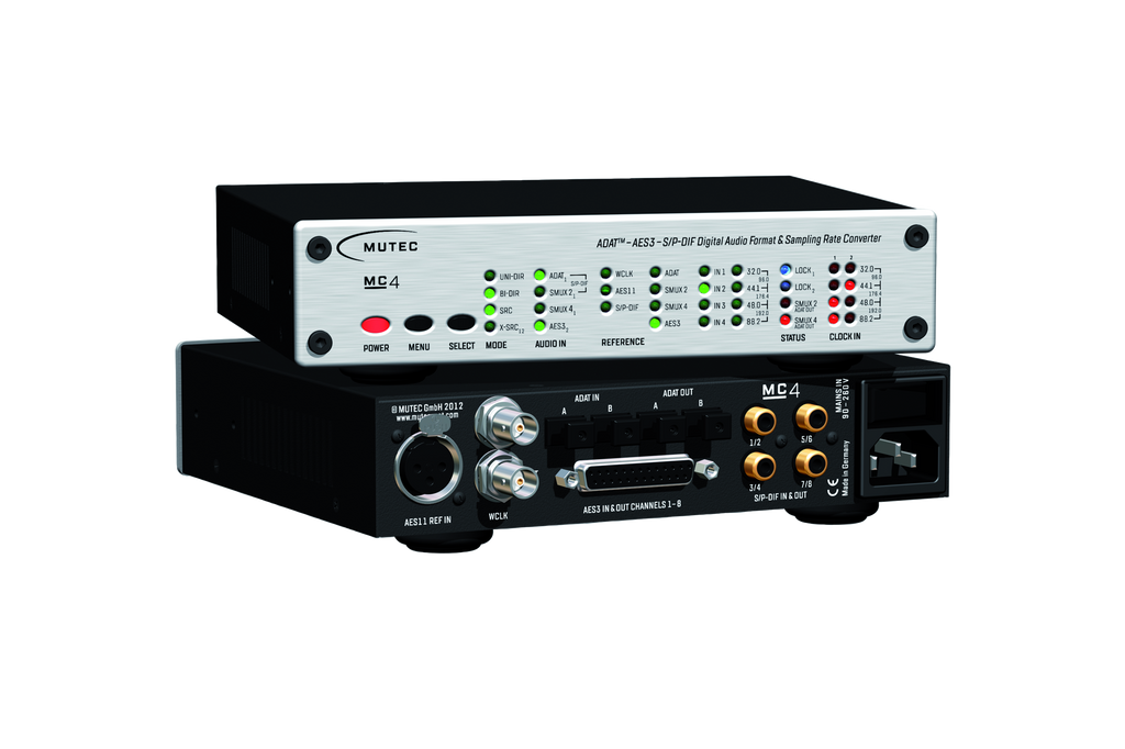Front and rear view of a MUTEC MC4 digital audio format and sampling rate converter device with multiple connectors and control buttons.