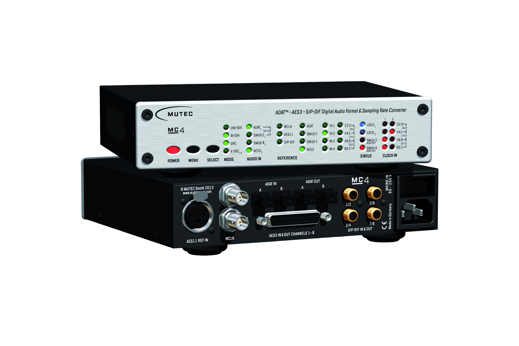 Front and rear view of a MUTEC MC4 digital audio format and sampling rate converter device with multiple connectors and control buttons.