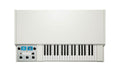 White keyboard synthesizer with control panel featuring knobs, toggle switch, and display screens showing instrument names.